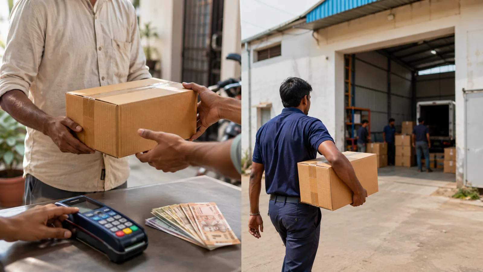 Cash-on-delivery parcel handoff contrasted with a parcel returning to an Indian warehouse