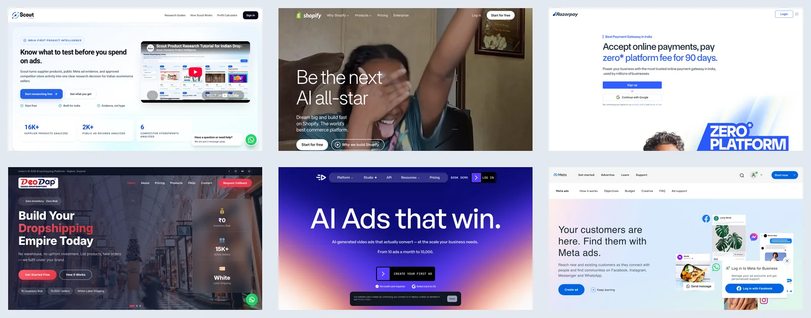 Official homepages of Scout, Shopify, Razorpay, DeoDap, Creatify, and Meta arranged by ecommerce use case
