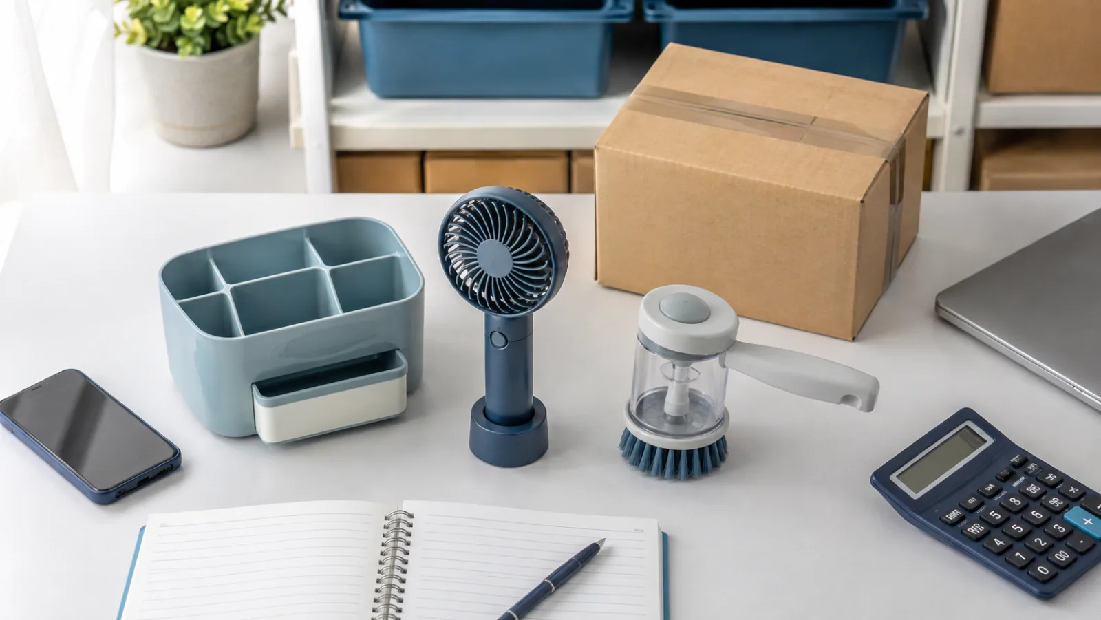 Unbranded ecommerce products arranged for evaluation in an Indian seller workspace