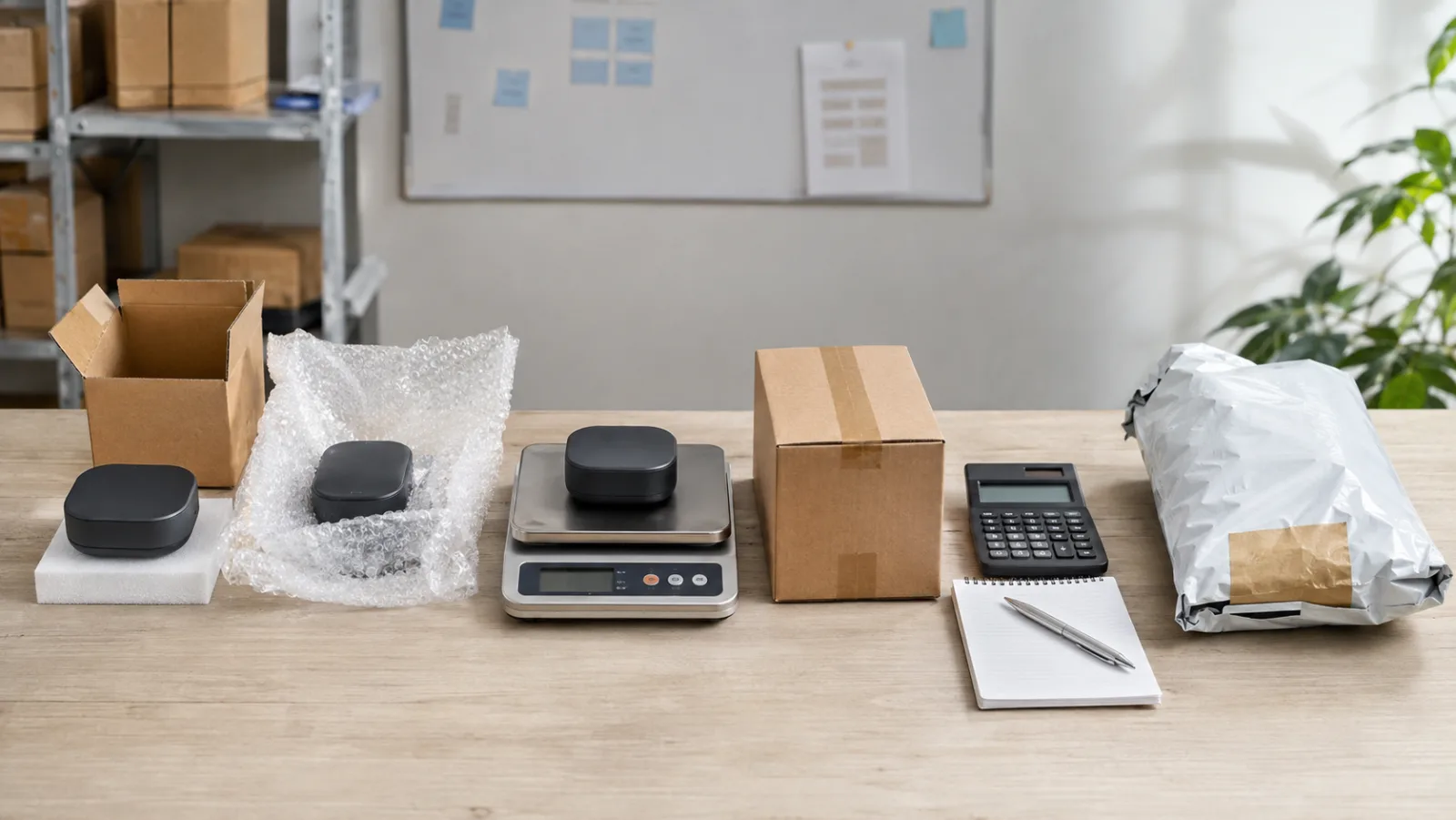 Generic product moving through packing, weighing, shipping, payment, and return stages