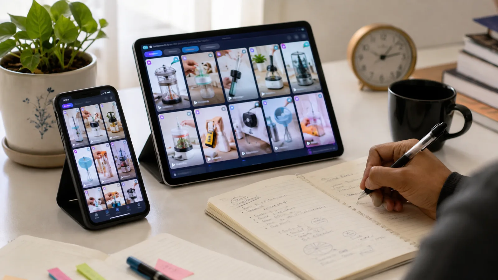 Ecommerce analyst reviewing multiple generic product video advertisements