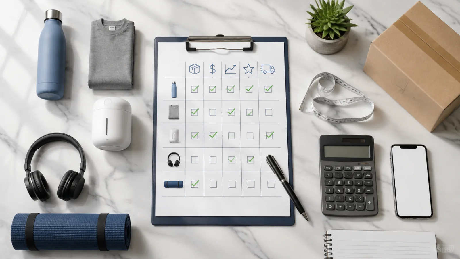 Product evaluation checklist surrounded by generic ecommerce products and tools