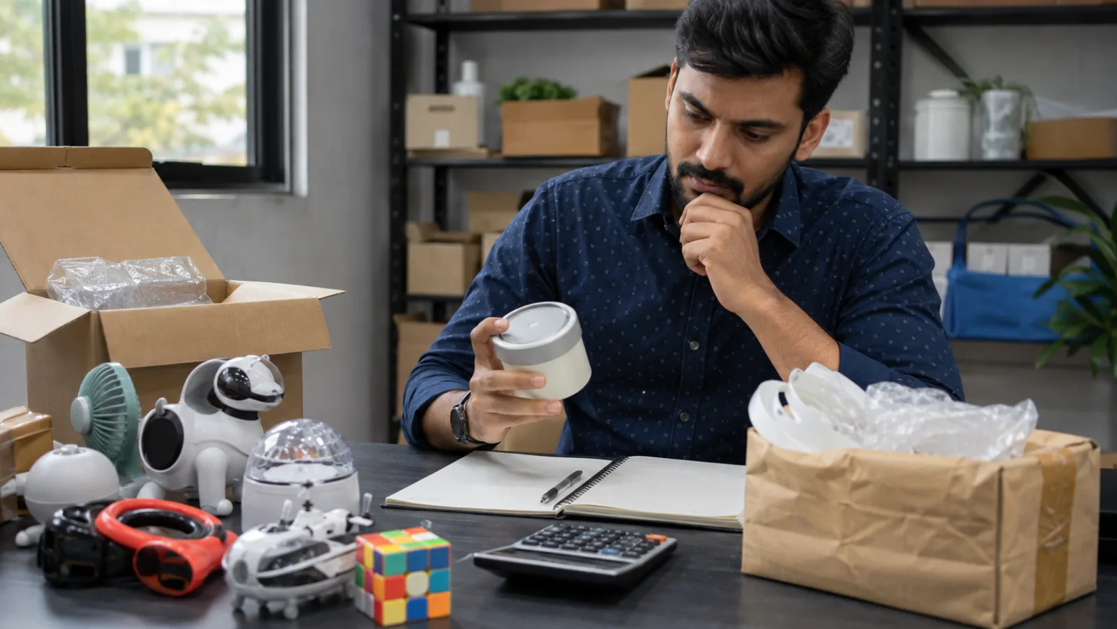 Indian ecommerce seller carefully inspecting generic novelty products before selection