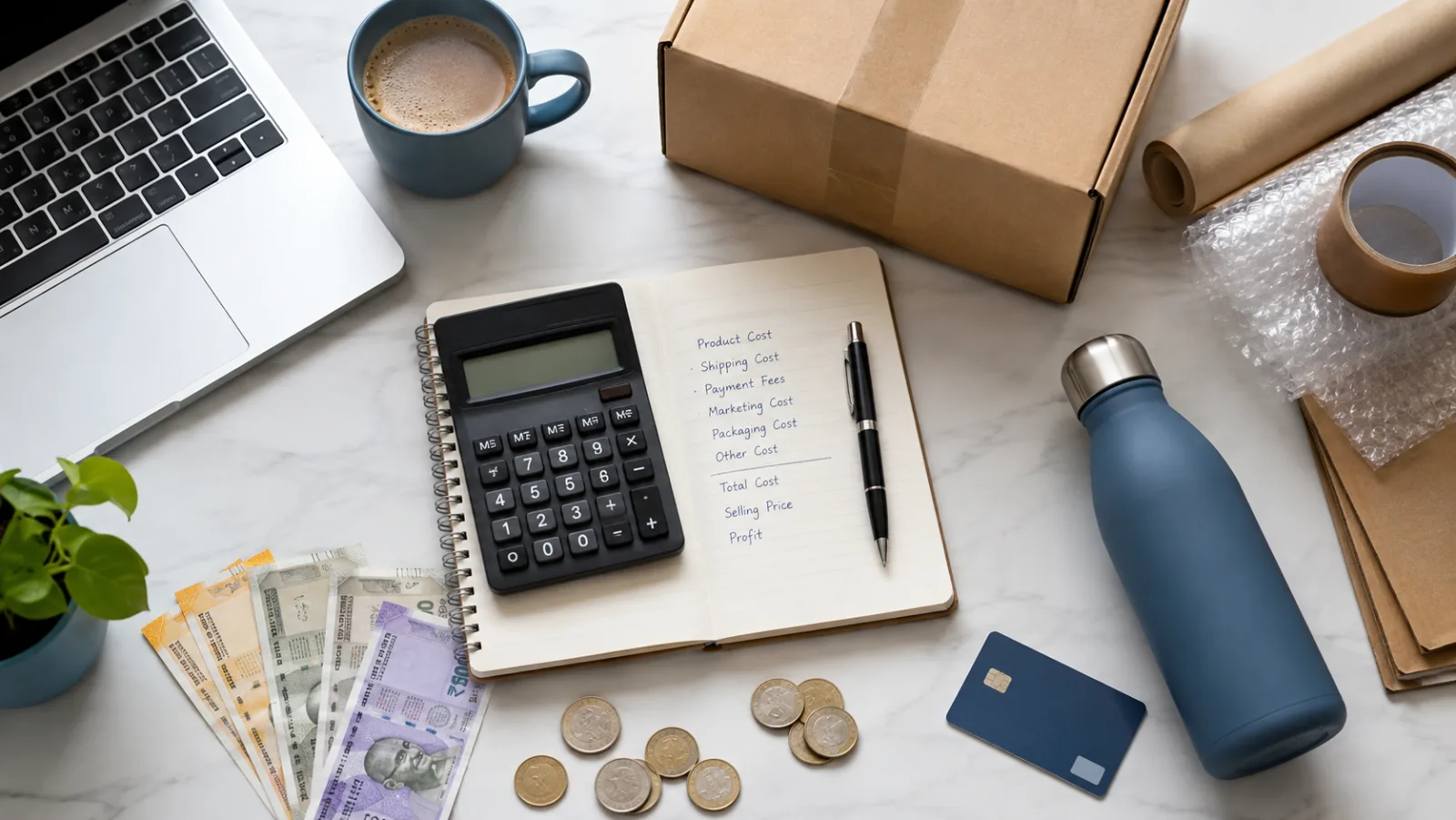 Indian ecommerce margin planning desk with calculator, parcel, and rupee currency