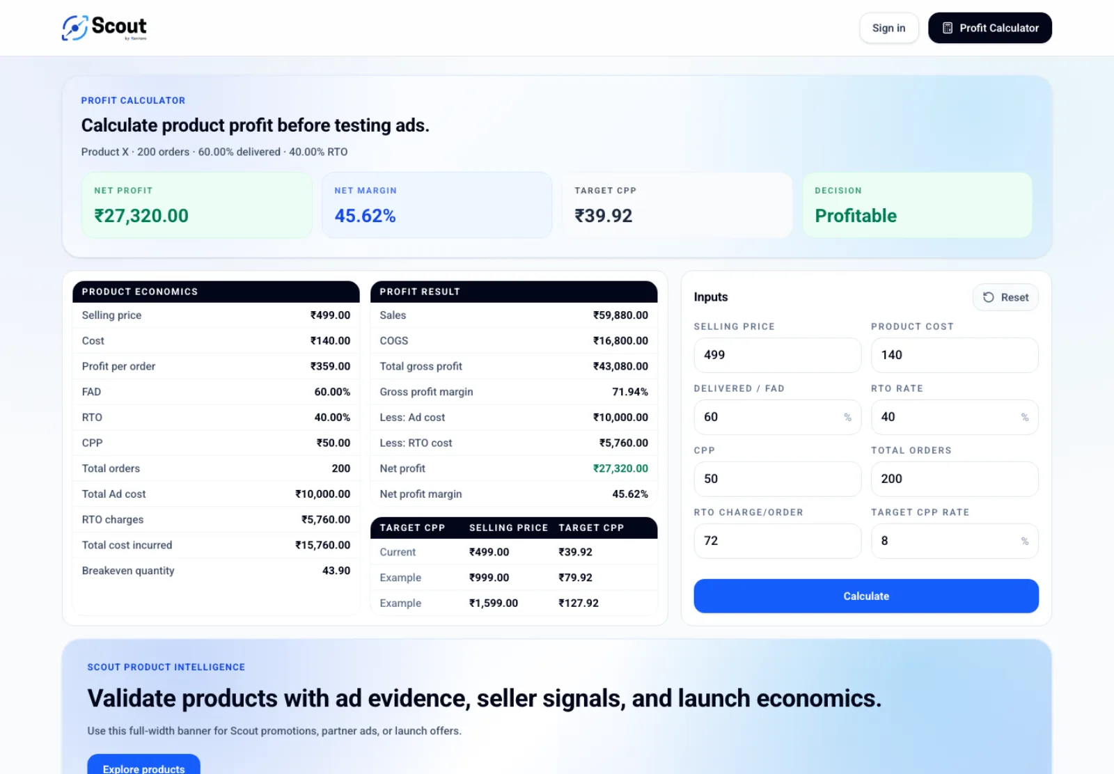 Scout profit calculator combining product cost with advertising and RTO assumptions