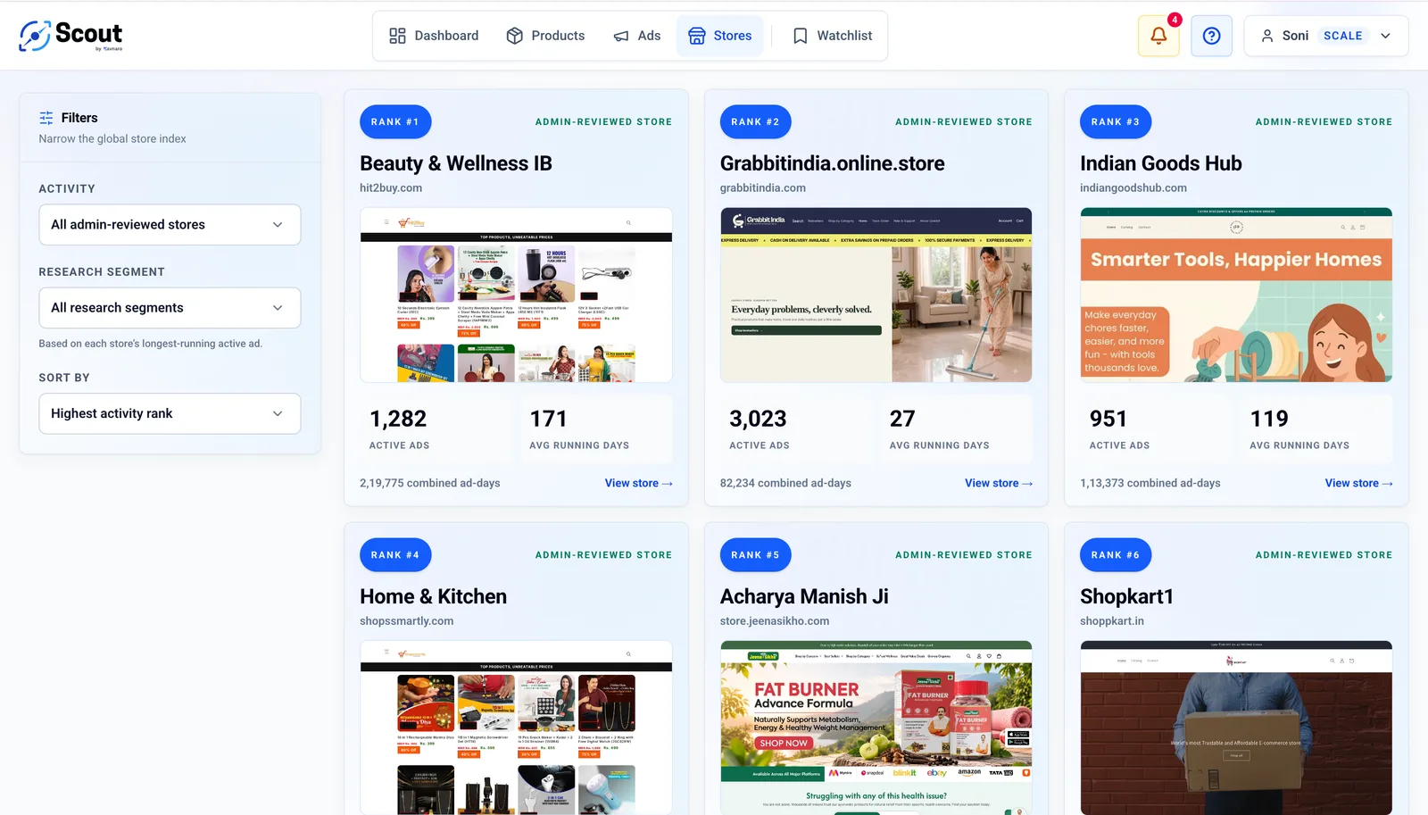 Scout Stores screen showing tracked storefront previews and research filters