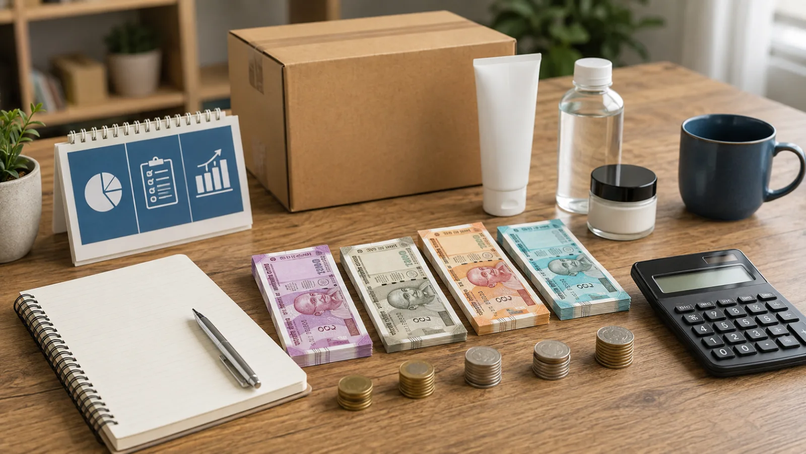 Indian ecommerce product test budget planned with rupee currency, calculator, and parcel
